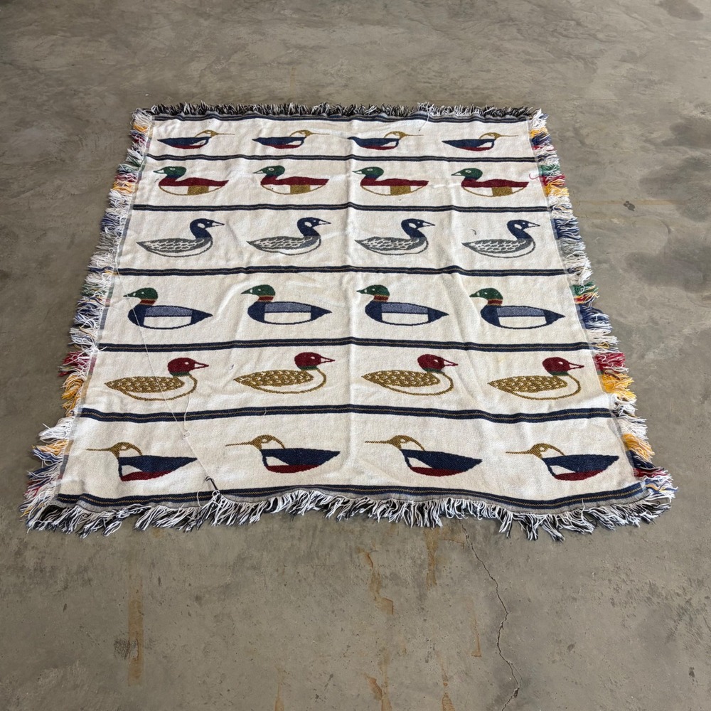 Vintage Crown Crafts Woven Cotton Duck Mallard Throw Blanket Fringe USA 55x48